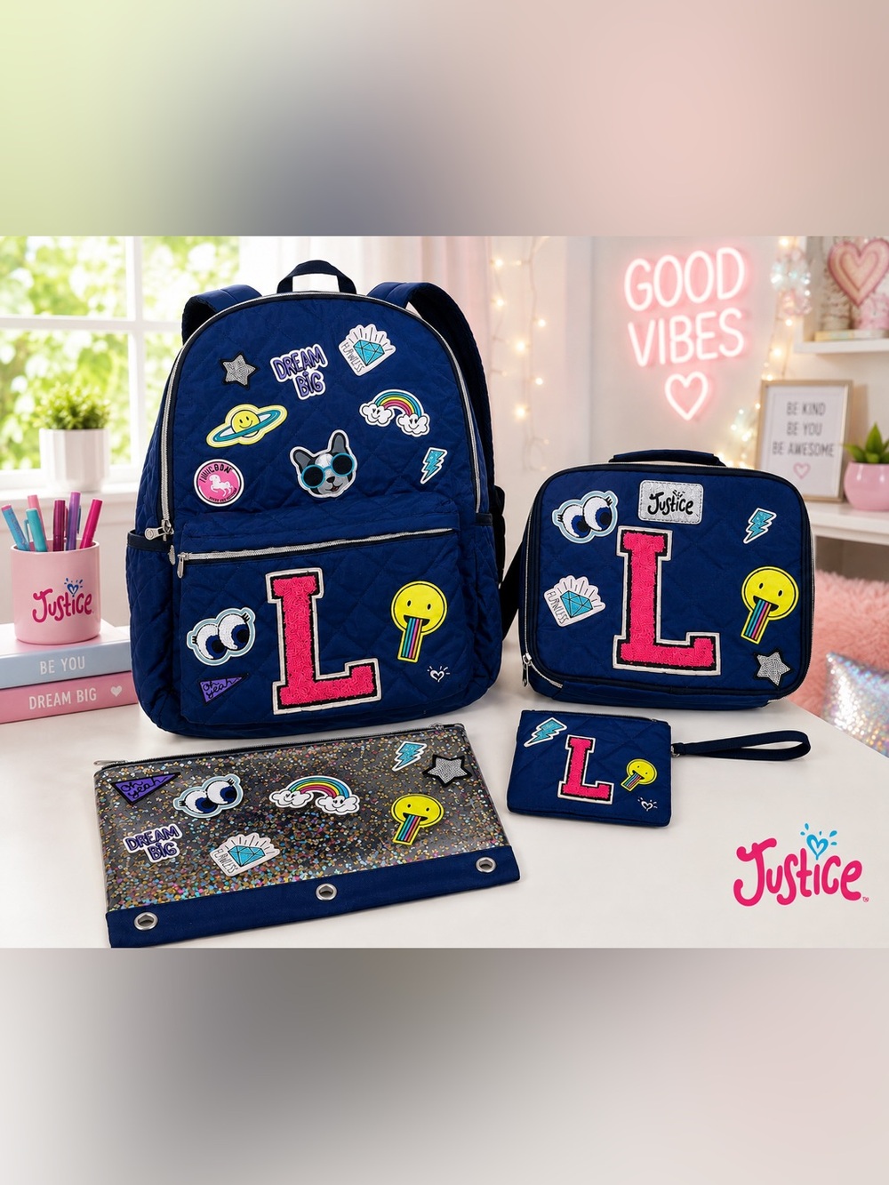 Justice Backpack set 4 pc Bag, lunchbox, pencil case & wallet “L” Ships ASAP
